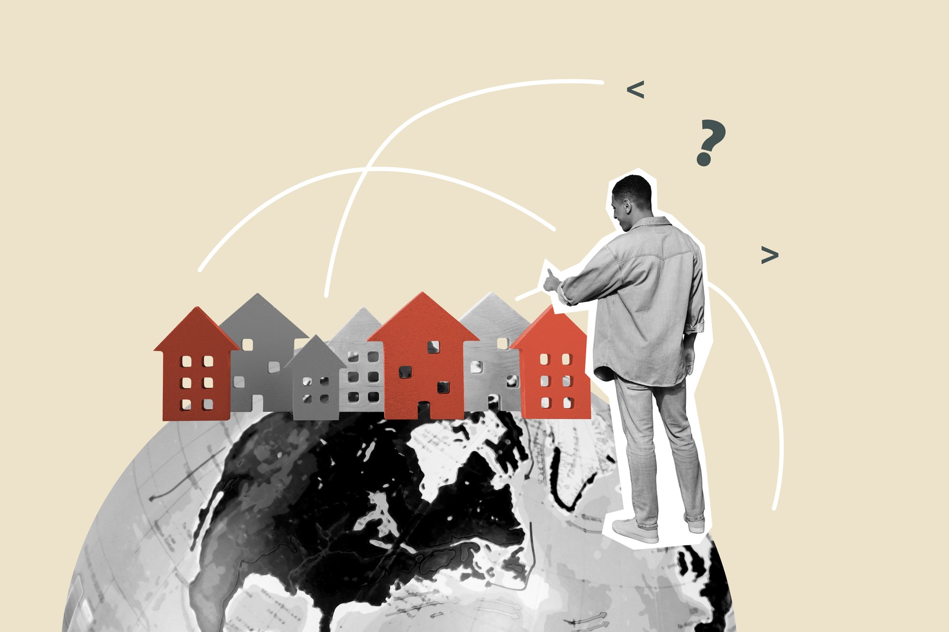 Composite sketch image design collage of global tourism agency vacation abroad trip young man stand choose house real estate worldwide.